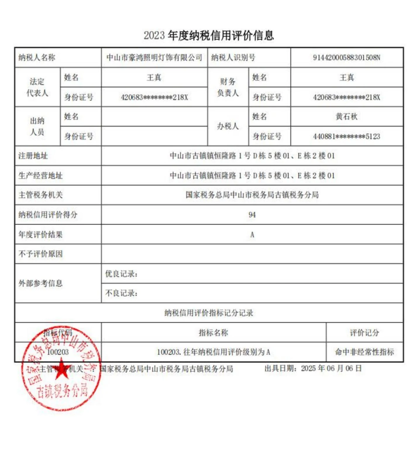 中山市豪鸿照明灯饰有限公司 2023 年度纳税信用评价信息（年度评价结果 A，得分 94）
