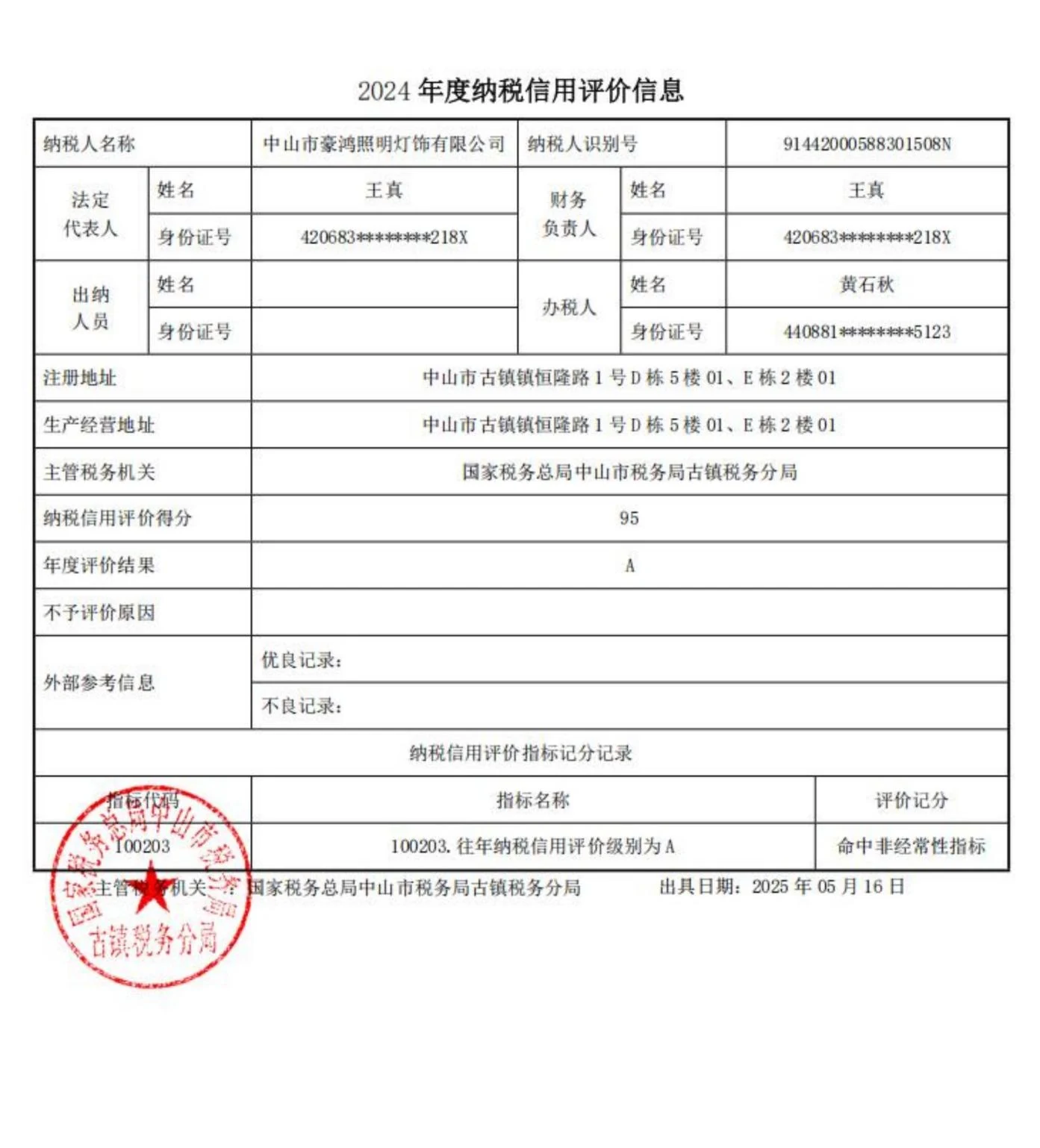 中山市豪鸿照明灯饰有限公司 2024 年度纳税信用评价信息（年度评价结果 A，得分 95）
