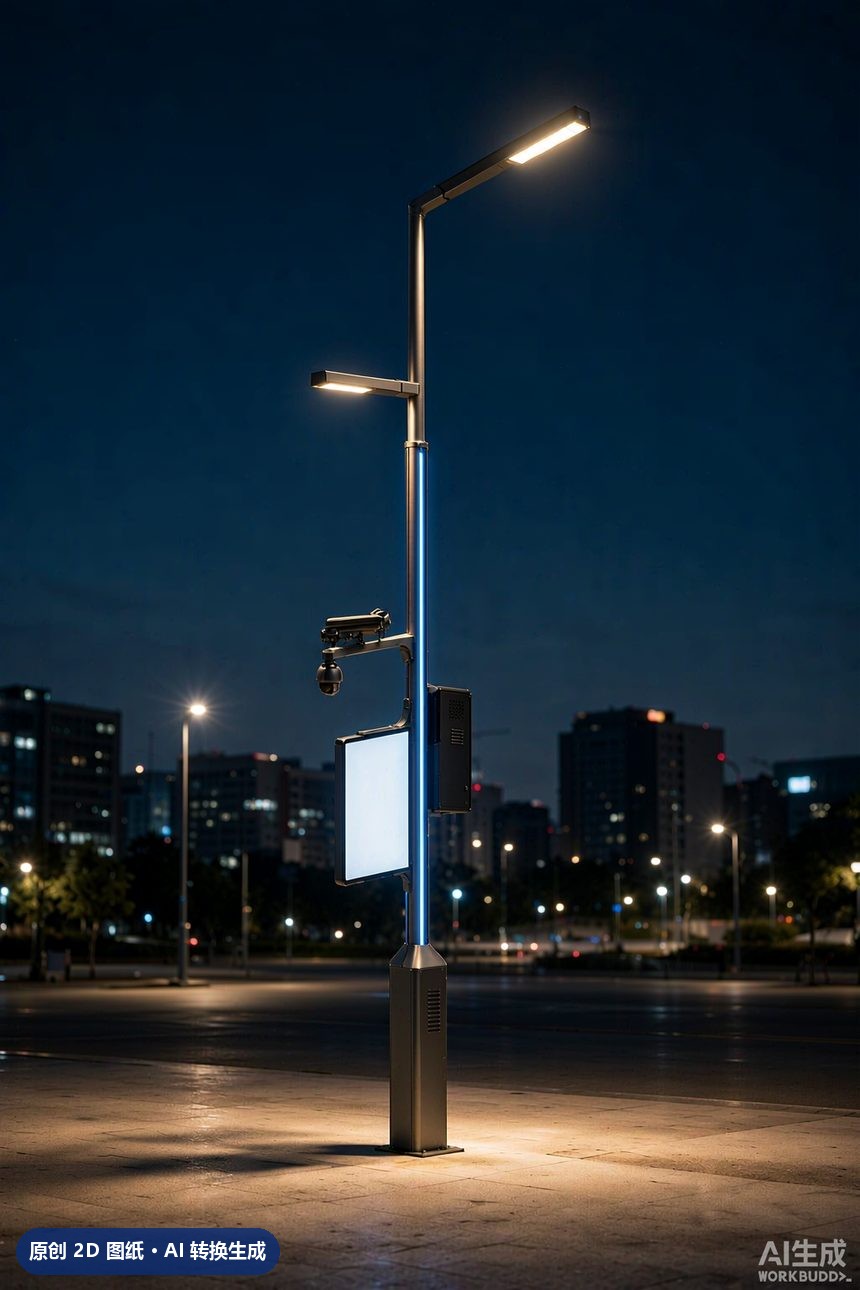 MJZ-ZH-ZD-003 单臂挑臂路灯杆 3D效果图 夜景