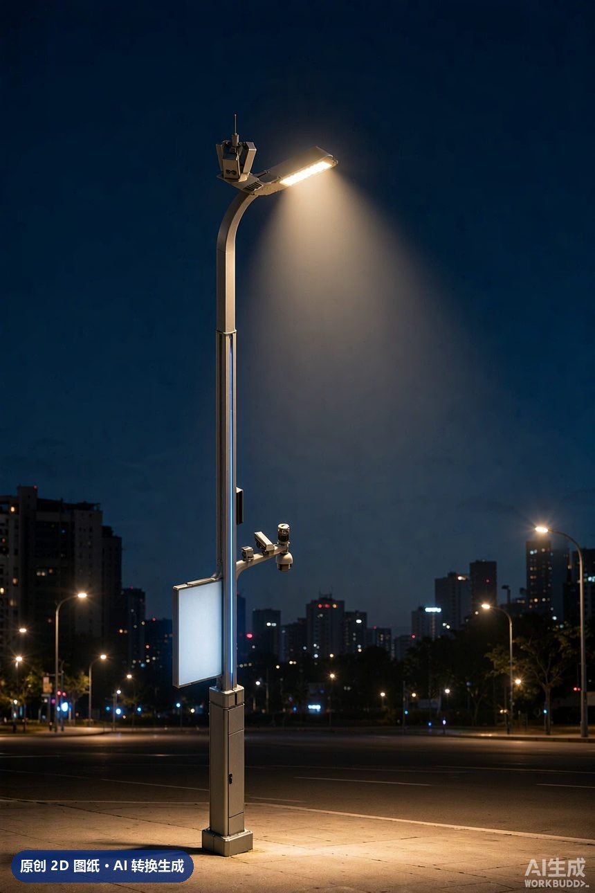 MJZ-ZH-ZD-006 单臂挑臂路灯杆 3D效果图 夜景