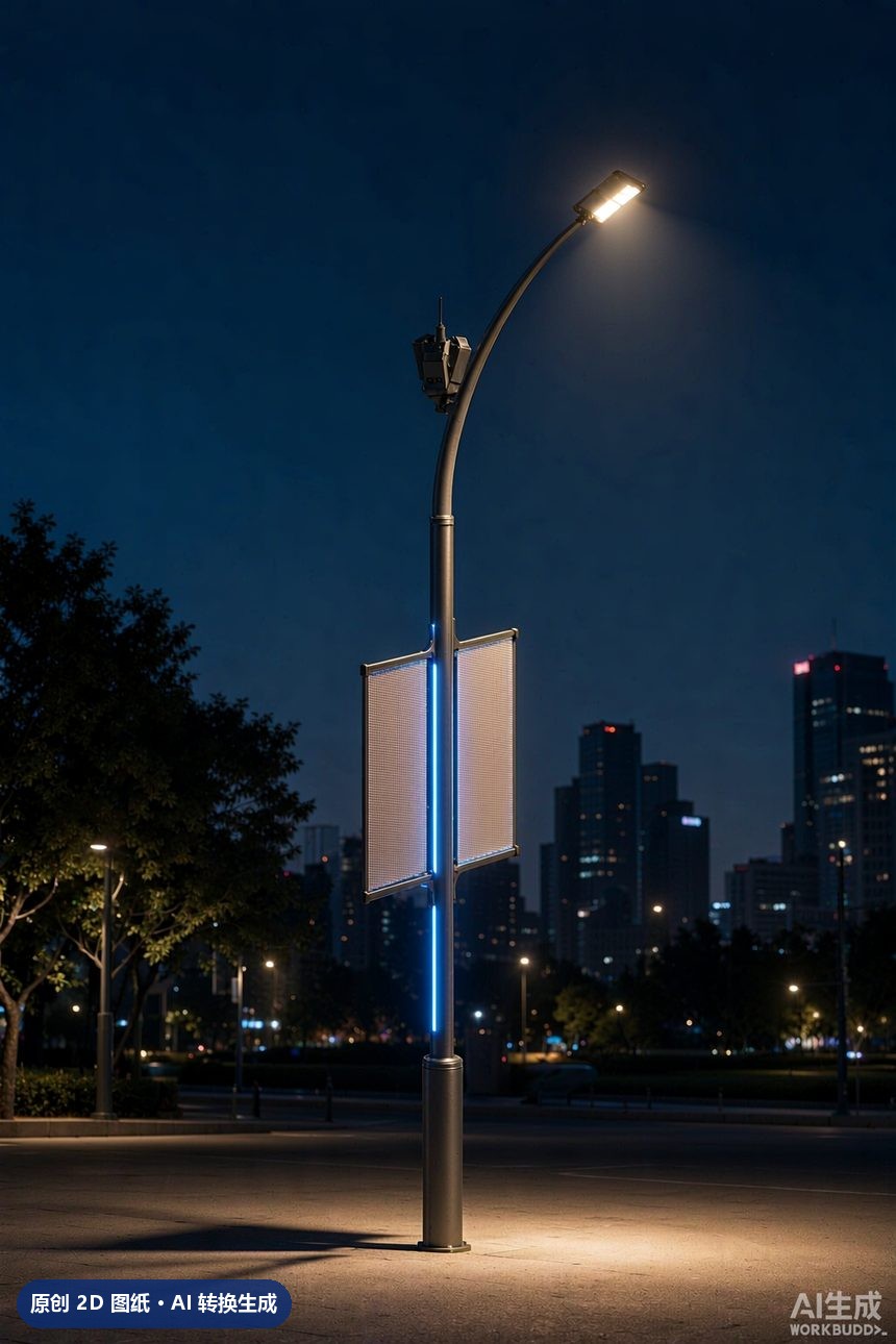 MJZ-ZH-ZD-007 单臂挑臂路灯杆 3D效果图 夜景