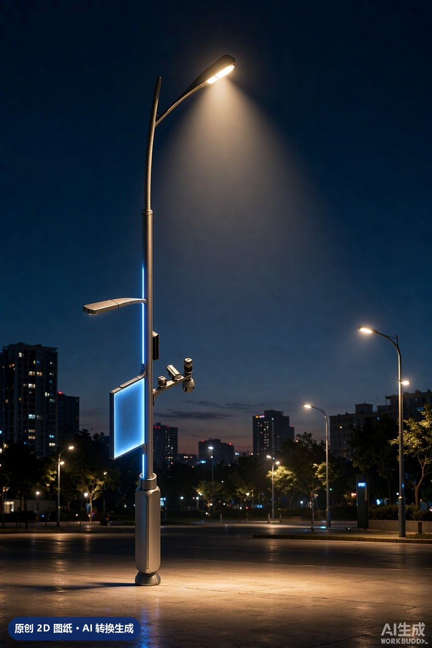 MJZ-ZH-ZD-009 单臂挑臂路灯杆 3D效果图 夜景