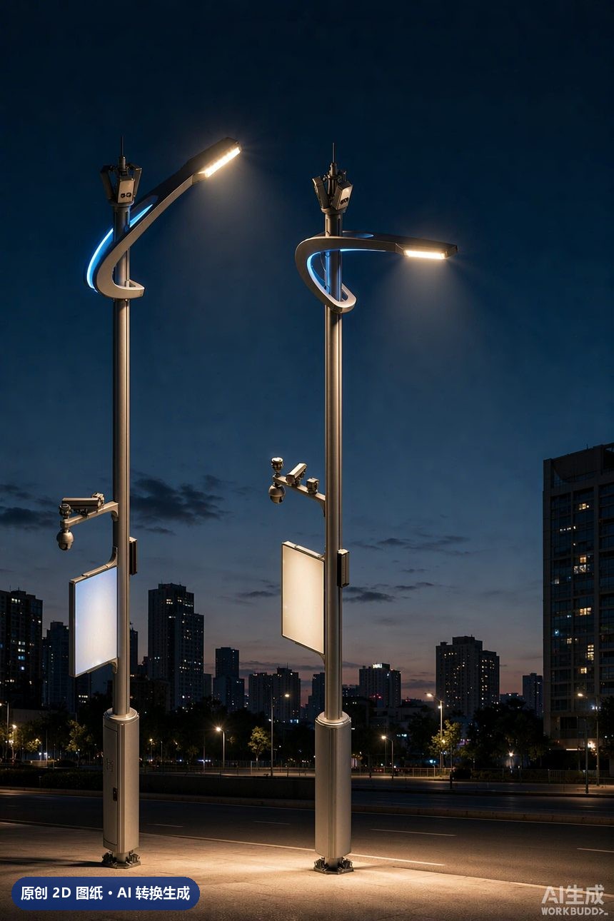 MJZ-ZH-ZD-013 单臂挑臂路灯杆 3D效果图 夜景