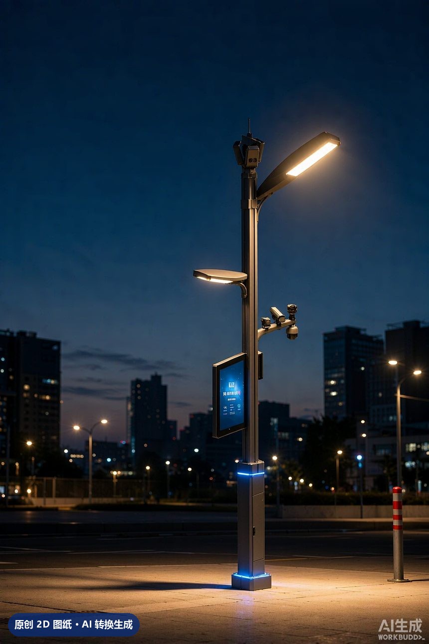 MJZ-ZH-ZD-014 单臂挑臂路灯杆 3D效果图 夜景